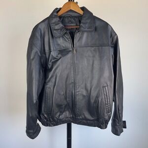 Vintage Cougar Leather XL Black Bomber Jacket Quilted Lined Full Zip 90s Grunge